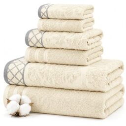 Pacific Coast Textiles Damask Jacquard Towels with Embellished Border Set, Cotton, Ivory, Single Size, 6-Piece