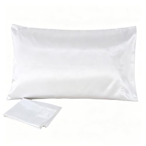 Juwenin Bedding,Luxury Satin Pillowcase with Zipper (Silky Satin Pillow Case for Hair) Set of 2 (White, Standard(20''x26''))