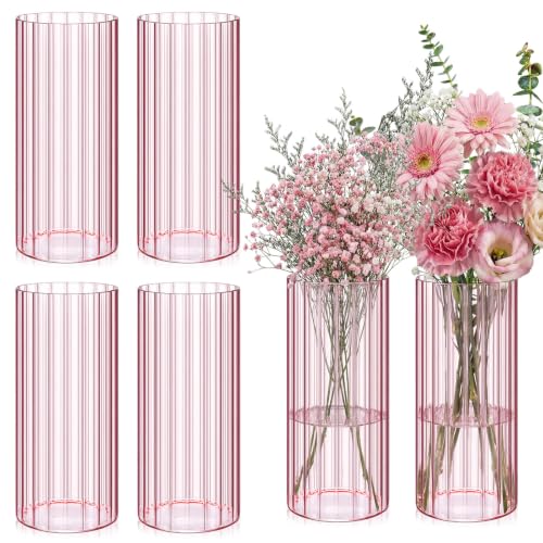 Ninehaoou 6 Pcs 8 Inch Tall Glass Ribbed Cylinder Vases Clear Floating Candle Flower Vase in Bulk, Hurricane Candle Holder for Wedding Housewarming Gift Table Centerpieces(Pink)