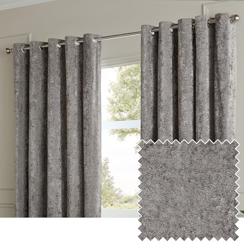 Paoletti Lustre Velvet Eyelet Curtain Pair – Luxury Soft Iridescent Sheen Textured Room Darkening Curtains (Pewter – Width 168 x Drop 137cm)