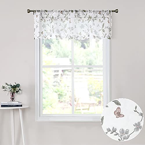 Tollpiz Sheer Floral Curtain Valance Grey Flower Butterfly Printed Bedroom Curtain Valances Rod Pocket Voile Faux Linen Window Valance Curtains for Living Room, 54 x 16 inches Long, Set of 1 Panel