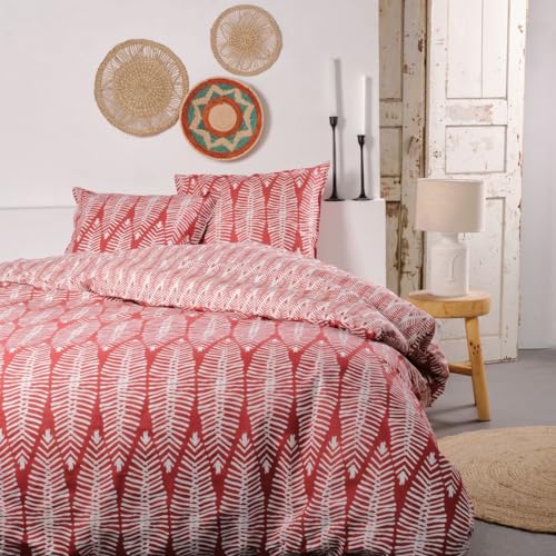 TODAY Sunshine Leaf Print Cotton Double Bedding Set – Red/White – 220 x 240 cm