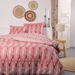 TODAY Sunshine Leaf Print Cotton Double Bedding Set – Red/White – 220 x 240 cm