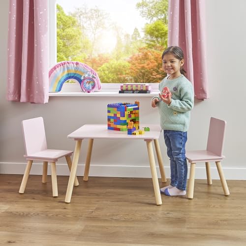 Liberty House Toys Kids Pink and Pinewood Table and 2 Chairs Set, Wooden Table and Chairs, Children's Table and Chairs, H440 x W600 x D600mm