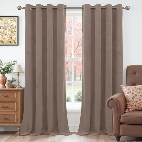 YoungsTex Taupe Velvet Blackout Curtains 84 Inch Length for Living Room, Tan Thermal Insulated Drapes with Grommet Privacy Protection for Bedroom Window, 2 Panels, 52 X 84 Inch