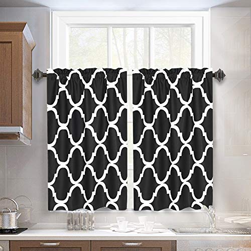 Melodieux Set of 2 Moroccan Fashion Tier Curtains for Kitchen, Geometric Lattice Rod Pocket Curtains for Cafe Bathroom Small Windows, 36 Inch Length, Black