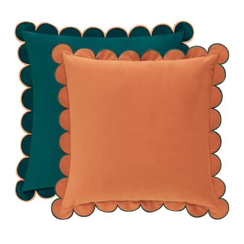 MONDAY MOOSE Decorative Throw Pillow Covers Cushion Cases, Set of 2 Soft Velvet Scalloped Round Edge Designs, Mix and Match for Home Decor, Pillow Inserts Not Included (Coral/Dark Teal, 20x20 inch)