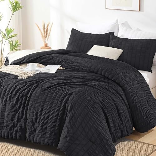 AveLom Seersucker Full Comforter Set (80x90 inches), 3 Pieces - 100% Soft Washed Microfiber Lightweight Comforter with 2 Pillowcases, All Season Down Alternative Comforter Set for Bedding, Black
