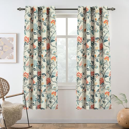 DriftAway Ada Floral Botanical Print Flower Leaf Lined Thermal Insulated Room Darkening Blackout Window Curtains 2 Layers Set of 2 Panels Each 52 Inch by 63 Inch Linen Orange Teal