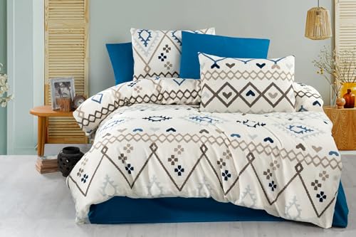 Nuit Des Rêves Double Quilt Cover Set (200 x 200 cm), 50% Cotton/50% Polyester, Blue/Brown/Cream - 2 Pillowcases (80 x 80 cm) - Button & Envelope Closure, 127 Thread Count, Machine Washable