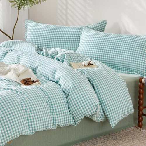SAPHREAS Gingham Duvet Cover Set Queen Size, 100% Washed Cotton Linen Like Plaid Comforter Cover with Zipper Closure & Corner Ties (No Comforter), 90x90 Teal