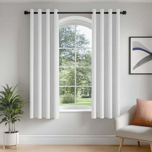 FMFUNCTEX 100% Blackout White Curtains 54 Inch Long Grommet Drapes 2 Panels - Black out Drapes, Thermal Insulated Noise Reducing, Textured Weave, Room Darkening, Window Curtain, for Living Room,Grommet