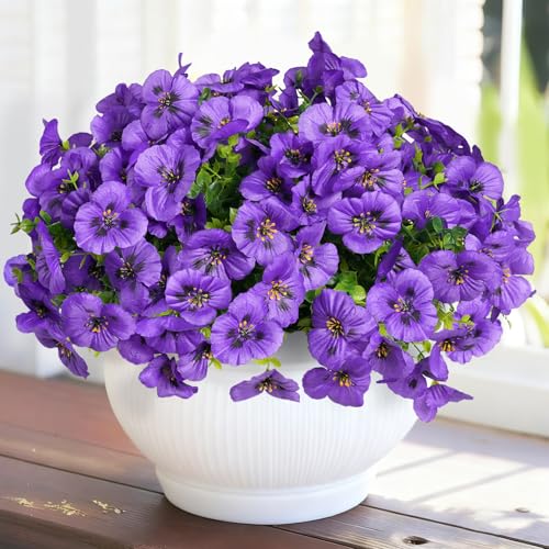 SupBri Bundles Artificial Flowers for Outdoor, UV Resistant Fake Pansy Flowers, Silk Faux Fowers for Outdoor Planters Home Garden Office Patio Front (12, Purple)
