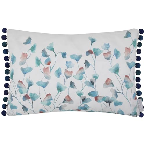 Voyage Maison Cala Cushion Cover – Coastal Watercolour Floral Cotton Linen Pom Pom Trim Decorative Case (Marine - 40x60cm)