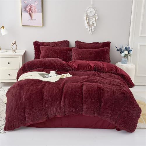 chovy Faux Fur Plush Wine Red Comforter Sets Twin/Full Size - Ultra Soft Shaggy Flannel Velvet Fluffy Fuzzy 3PC Bedding Set (Comforter x 1 Pillowcases x 2)