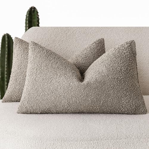 Foindtower Pack of 2 Textured Boucle Throw Pillow Covers Accent Solid Decorative Lumbar Pillow Cases Cozy Couch Cushion Case for Chair Sofa Bedroom Living Room Home Decor 12x20 Inch Light Taupe