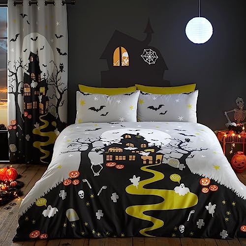 Bedlam - Halloween Haunted House Duvet Cover - Double Bedding Size (200 x 200cm) - Glow in the Dark Bedding Set - Haunted Mansion Duvet Cover - Halloween Decorations - Matching Curtain Available