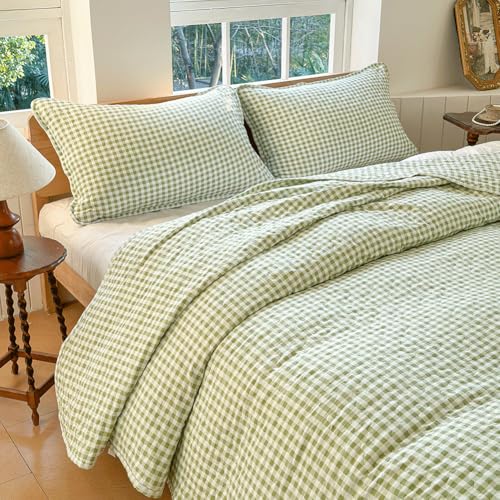 NSNLGSGC Sage Green Gingham King Summer Bedspread Quilt Set - Pre-washed Microfiber,Lightweight Checked Grid Bedding Coverlets for All Seasons