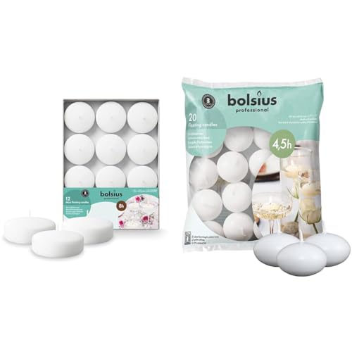 Bolsius - Maxi Floating Candles - White - 12 Pieces in a Box - Ø 7.6 cm - Burning Time 8 Hours & Floating Candle-White, Wax, 4.5cm w X 3cm h