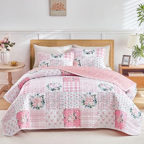 Joyreap 3 Pieces Floral Patchwork Quilt Set King, Pink n White Flowers Design, Soft n Cozy Microfiber Quilt, Bedspread Bed Cover for All Season, 1 Quilt and 2 Pillow Shams- 102x90 inches