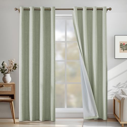 CYCMACO Faux Linen 100% Blackout Curtains for Bedroom, Blackout Curtains 96 Inches Long, Room Darkening Curtains Living Room, Curtain Grommets Drapes, Thermal Curtains(2 Panels, Light Green)