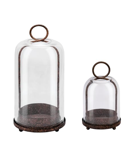 "6"" & 4"" Wide Versatile Modern Metal Hurricane Lantern with Handmade Sturdy Glass Dome in Rustic Brown for Pillar Candle & Plants, Industrial, Farmhouse, Shabby Chic (Brown, 4""x7.5"" &6.3""x11.2"")"