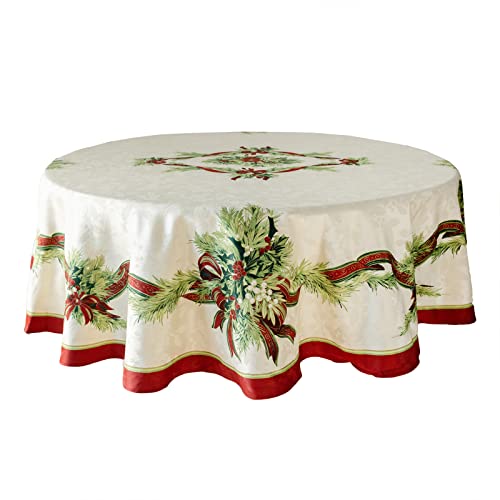 "Benson Mills Christmas Ribbons Engineered Printed Fabric Table Cloth, Winter, Holiday and Christmas Tablecloth (70"" Round, Xmas Ribbons)"