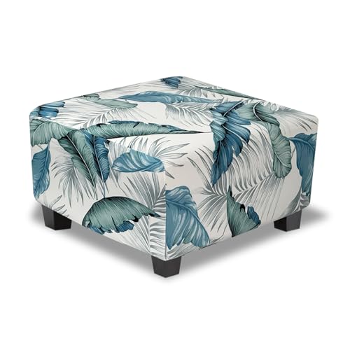 TOPHMDECOR Ottoman Cover Square Slipcovers Printed,Stretch Footrest Stool Cover for Ottoman Square,Soft Foot Stool Cover Protector with Nonslip Elastic Bottom (Large,Palm Leaf)
