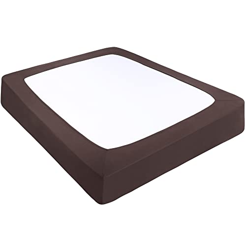 "PiccoCasa Box Spring Cover Stretchy Fabric Wrap Around 4 Sides Bed Skirt Wrinkle Free for Home, Elastic Mattress Cover Fits Mattress up to 14"" Brown Super King"