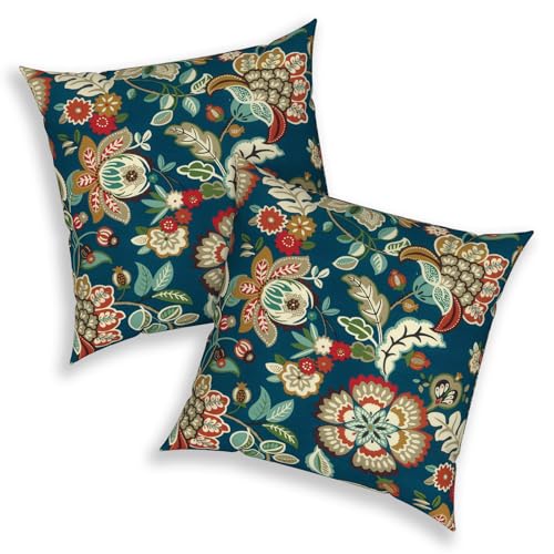 Melody Elephant Pack of 2 Patio Throw Pillow Covers ONLY, Water Repellent Cushion Cases 20x20 Inch, Square Pillowcases for Outdoor Couch Decoration, Peacock Blue