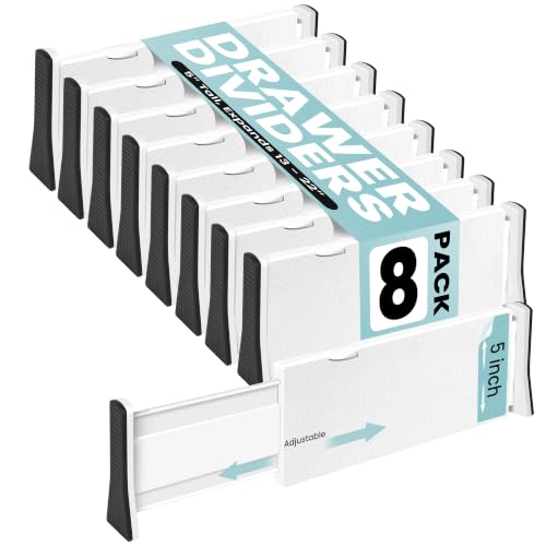 "RAPTUROUS Deep Drawer Divider 8 Pack, [5 Inch Tall, 13-22""] Long Expandable, Adjustable Drawer Dividers for Clothing, Clothes, Dresser, Kitchen, Strong & Sturdy Hold, Soft Foam Edges???White???"