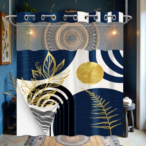 "Boho Mid Century Modern Hookless Shower Curtain with Snap in Liner, Navy Blue and Gold No Hook Double Layer Shower Curtains and Liner Set, Waterproof Cloth Fabric, 71"" W X 77"" L"