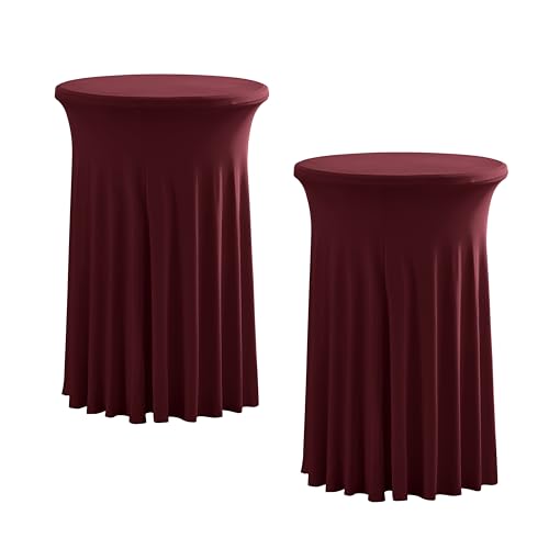 Rakila 2 Pack Round 43 x 24 Inch Spandex Cocktail Tablecloth with Wavy Skirt Burgundy Fitted Stretch Table Cover for Bar Wedding Party