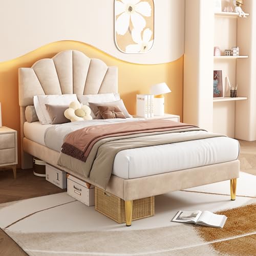 Merax Upholstered Single Bed, 3FT Bed Frame with Height-Adjustable Headboard and Wooden Slatted Frame, Shell-Like Bed with Golden Iron Legs, Easy Assembly, Velvet, Beige, 90x190cm