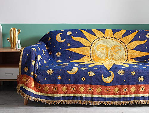 "Erke ZASTION 70"" x 90"" Sun and Moon Throw Blanket, Double Sided Cotton Woven Hippie Throws Wicca Blankets for Couch Bed Recliner Featuring Decorative Boho Fringe - Oversized, Yellow/Blue"