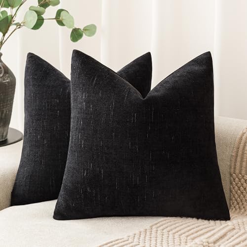 Foindtower Pack of 2 Soft Textured Chenille Throw Decorative Pillow Covers Lumbar Accent Solid Cushion Cover Cozy Farmhouse Pillow Case with Zipper for Couch Sofa Bedroom Living Room 12x24 Inch, Black