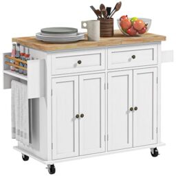 HOMCOM Kitchen Island on Wheels Rolling Kitchen Storage Trolley White