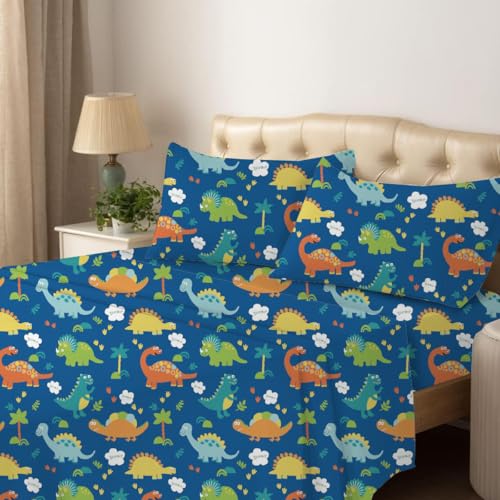 Twin Sheet Set - 4 Piece Bedding - Brushed Microfiber Soft Sheets for Twin Size Bed with Flat,Fitted Sheet,2 Pillow Cases (Blue Dinosaur)