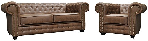 Sofas and More Astor Chesterfield Style Sofa Set 3+2 Seater Armchair Brown Faux Leather (3+1 Seater)