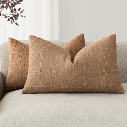 Foindtower Set of 2 Decorative Linen Check Throw Pillow Covers Neutral Farmhouse Lumbar Cushion Covers Modern Boho Home Decor for Sofa Chair Couch Bedroom Living Room,12??24 Inch,Brick