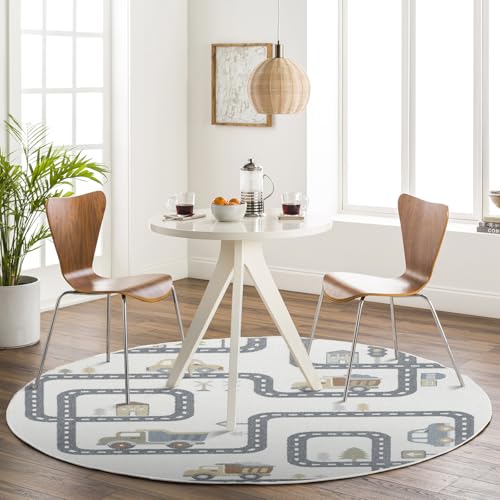 Livabliss Road Track Washable Kids Rug - Childrens Rug for Bedroom 160x160 cm, Machine Washable Rug for Girls & Boys Bedroom Rug, Playroom & Nursery Rugs - Girl or Boy Room Baby Rug, Kids Carpet Cream