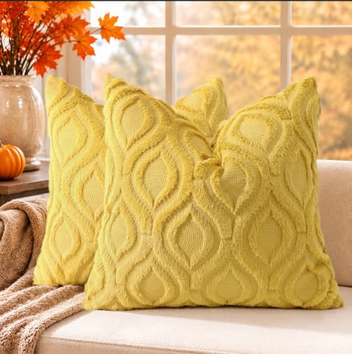 decorUhome Set of 2 Faux Fur Cushion Covers, 60x60 cm, Mustard Yellow