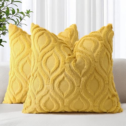 decorUhome Set of 2 Faux Fur Cushion Covers 60x60 cm, Decorative Soft Plush Fluffy Velvet Cushion Cover 24X24 Inch, Square Boho Neutral Pillow case for Sofa, Mustard Yellow