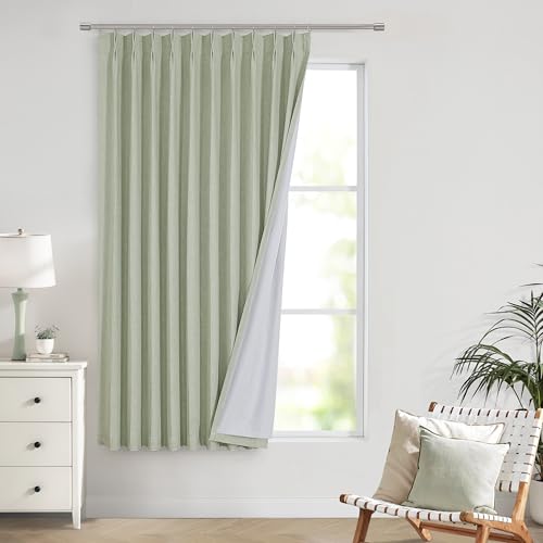 "Vision Home Soft Green Pinch Pleated Full Blackout Curtains Linen Blended Room Darkening Window Curtains 72 inch for Living Room Bedroom Thermal Insulated Pinch Pleat Drapes with Hooks 60"" Wx72 Lx1"