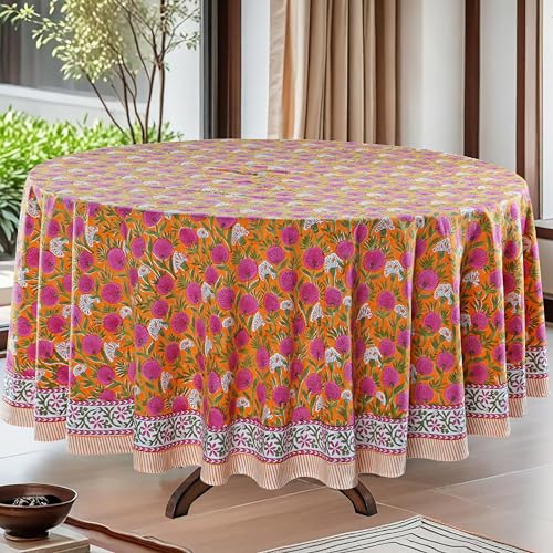 Ridhi Round Tablecloth Hand Block Print 100% Cotton Reusable Bubblegum Pink 90 Inch Table Cover Decorative Everyday Use for Dining, Home, Party, Wedding, Farmhouse, Party Gift for Spring, Mother's Day