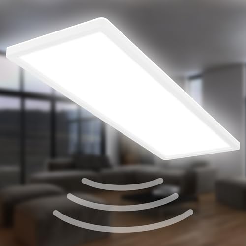 BRILONER - LED Ceiling lamp with Motion Detector IP44 3m Range, Neutral White Light Colour, Flat, 120 Degree Detection, LED Ceiling Light, LED Panel, Bathroom lamp, Bathroom lamp, 58x20x3 cm, White