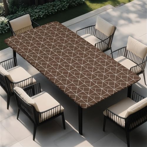 "Yesad Rectangle Table Cloth, Elastic Waterproof Fitted Tablecloths Fits Rectangle 6ft Tables for Camping, Indoor and Outdoor, 30""x72"", Brown Geometry"