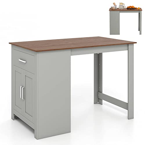 GiantexUK Rectangular Bar Table, Counter Height Table with Drawer, 3-Position Adjustable Shelf & 2 Doors, Wide Tabletop Wooden Dining Table for Home, Kitchen and Living Room (Grey)