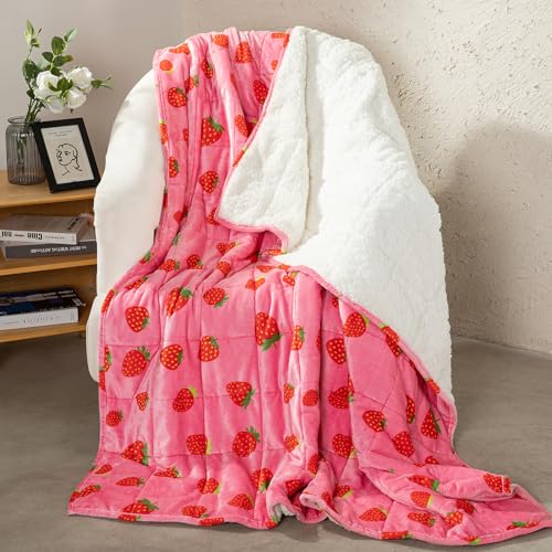 "Aemicion Weighted Blanket Queen Size 15 Pounds 60""x80"",Soft Fluffy Fleece Sherpa Weighted Blankets for Adults,Cute Pink Strawberry Heavy Blanket Weighted as Gift Ideas for Women Teen Girls"