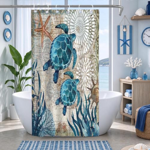Final Friday Nautical Green Sea Turtles Beach Theme Fabric Shower Curtain Sets Bathroom Blue Ocean Decor with Grommets and Hooks - 36 W x 72 H Inch Teal